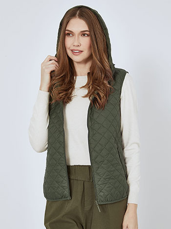 Μπουφάν αμάνικο με κουκούλα, κλείσιμο με φερμουάρ, με τσέπες, με φόδρα, μη αποσπώμενη κουκούλα, χακι