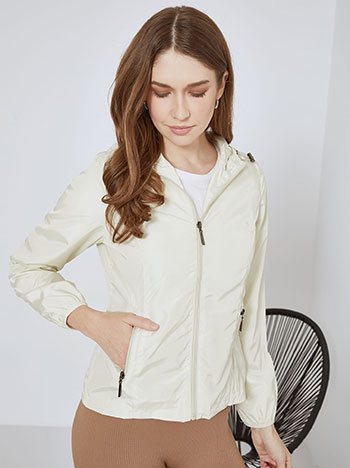 Μπουφάν αντιανεμικό με κουκούλα, κλείσιμο με φερμουάρ, με τσέπες, με φόδρα, μη αποσπώμενη κουκούλα, μπεζ ανοιχτο