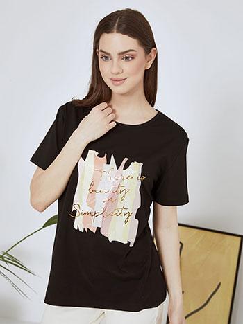 T-shirt με στάμπα, στρογγυλή λαιμόκοψη, μαυρο