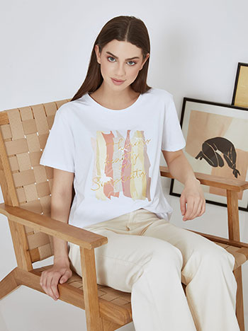 T-shirt με στάμπα, στρογγυλή λαιμόκοψη, λευκο