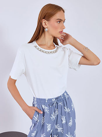T-shirt με πέτρες strass στη λαιμόκοψη SN7642.4029+1