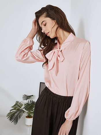 Μπλούζα σατέν με δέσιμο, v λαιμόκοψη, δέσιμο μπροστά, balloon μανίκι, ροζ