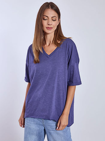 Μπλούζα με γυριστό μανίκι, v λαιμόκοψη, ασύμμετρο τελείωμα, μπλε ραφ