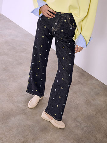 Γυναικείο Τζιν με Κεντητά Λουλούδια – Σκούρο Μπλε