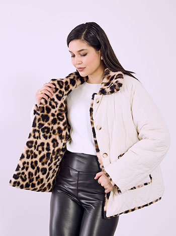 Γυναικείο Μπουφάν με Λεοπάρ Γούνα Διπλής Όψης – Ανοιχτό Μπεζ