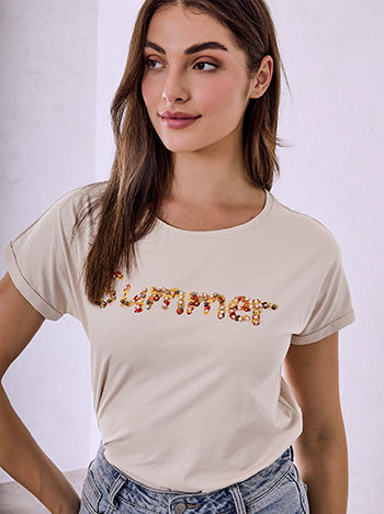 T-shirt με στάμπα και πέρλες SQ7561.4369+6