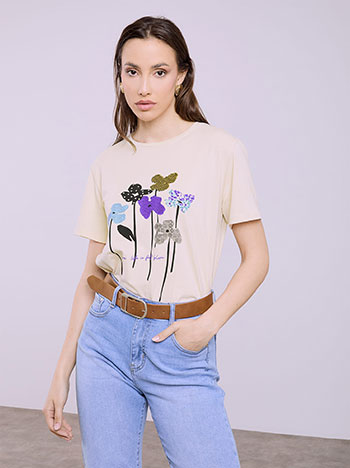T-shirt με λουλούδια και strass SQ7616.4936+3