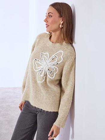 Πουλόβερ με ανάγλυφο λουλούδι με πέρλες SQ7948.4725+6