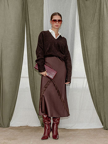 Φούστα μίντι σατέν με δαντέλα WT7584.2890+3