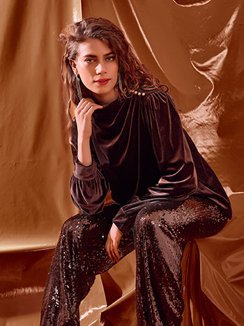 Μπλούζα βελούδινη με σούρες στον ώμο WT7585.4519+2