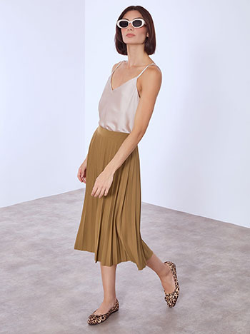 Φούστα μίντι πλισέ, ελαστική μέση, καμηλο