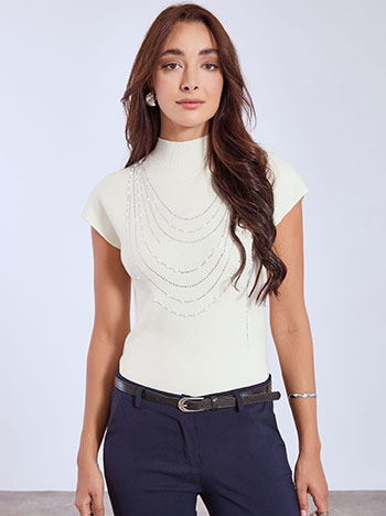 Μπλούζα πλεκτή με strass και πέρλες WT7906.4919+6